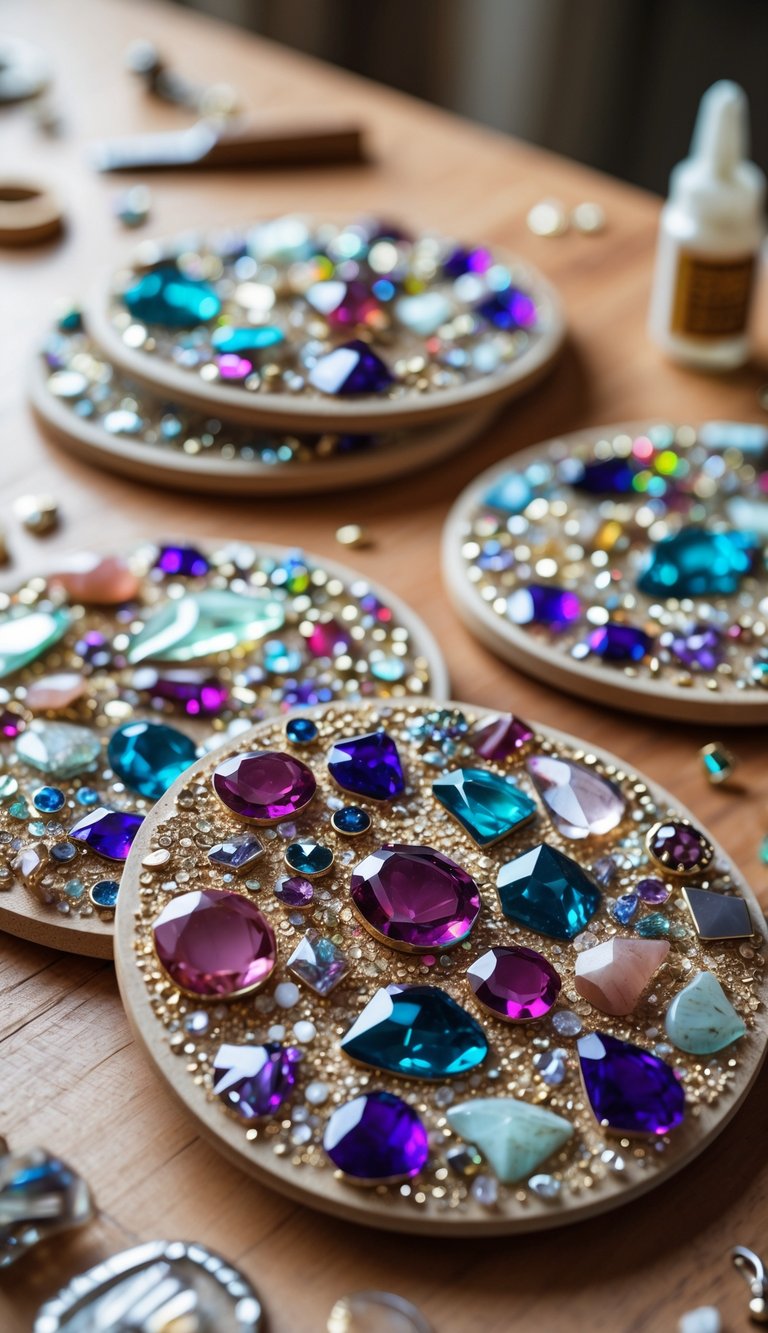 A set of coasters embedded with colorful broken jewelry pieces arranged on a wooden table with crafting materials nearby.
